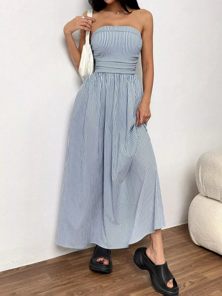 Striped Strapless Maxi Dress Smocked Waist Pockets