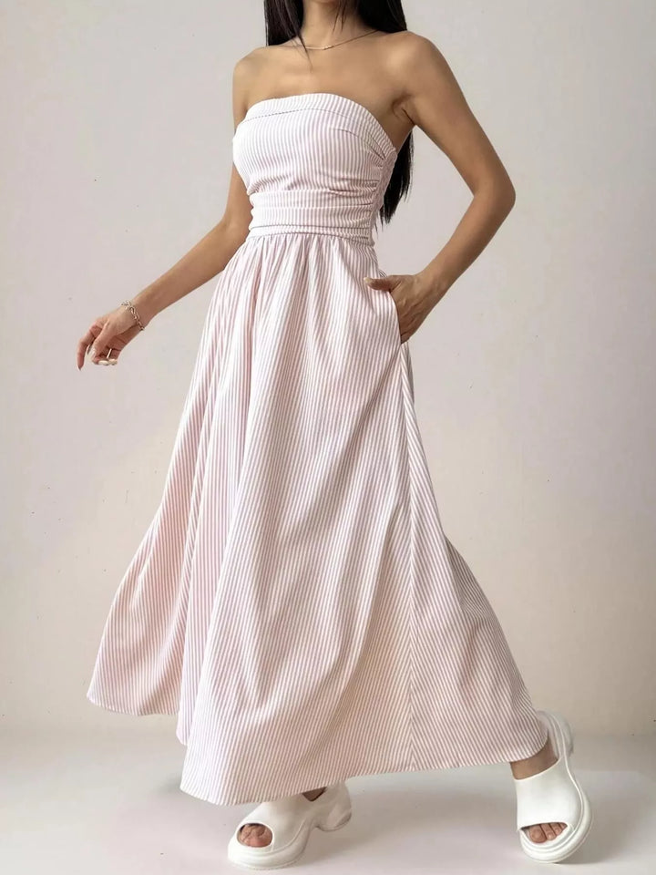 Striped Strapless Maxi Dress Smocked Waist Pockets