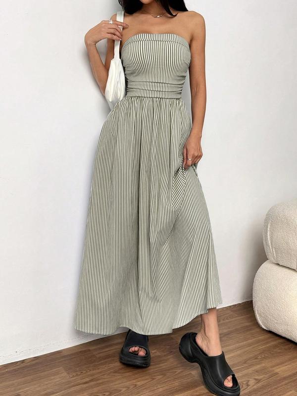 Striped Strapless Maxi Dress Smocked Waist Pockets