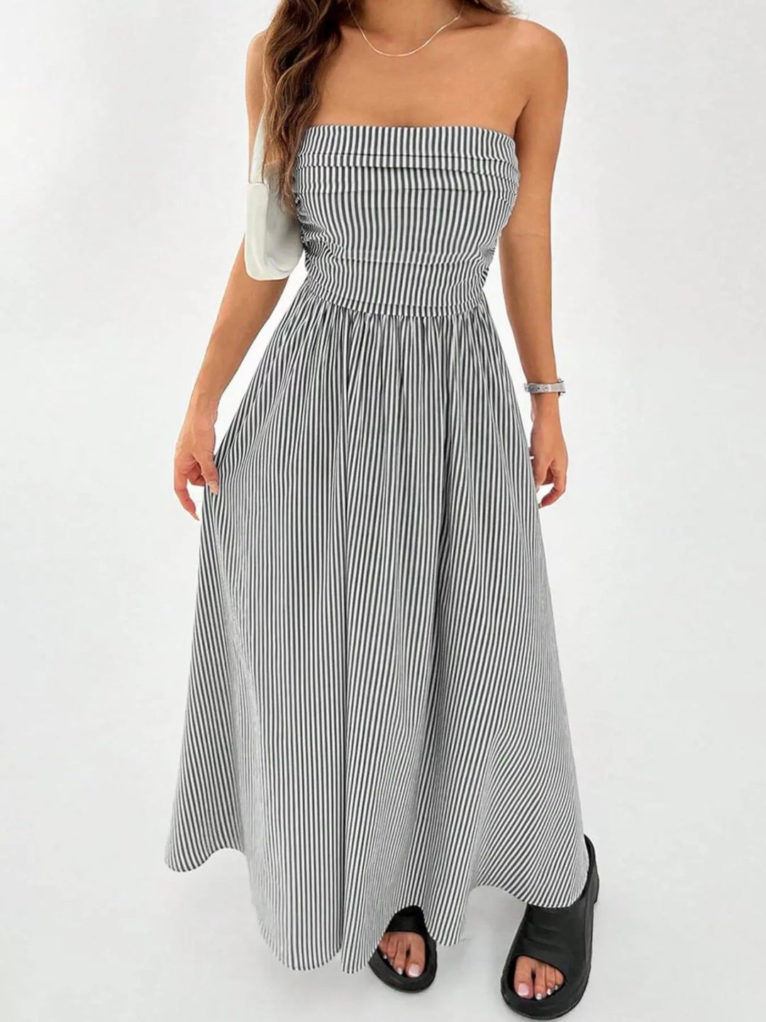 Striped Strapless Maxi Dress Smocked Waist Pockets