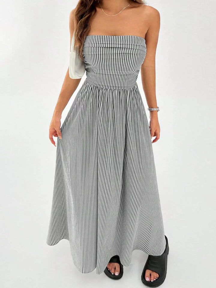 Striped Strapless Maxi Dress Smocked Waist Pockets