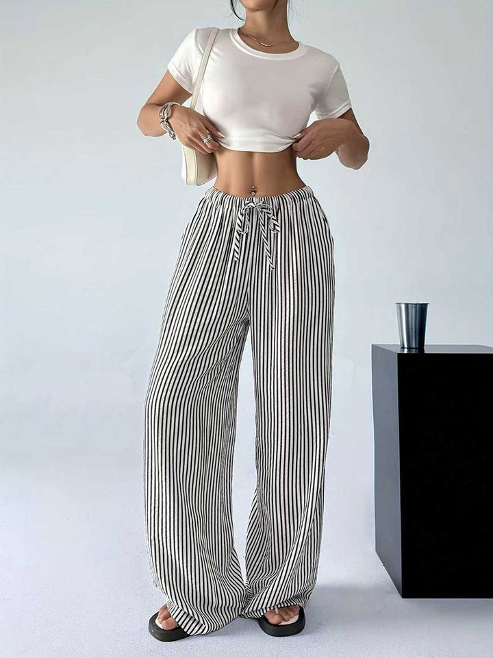 Striped Wide Leg Pants Women Drawstring Waist