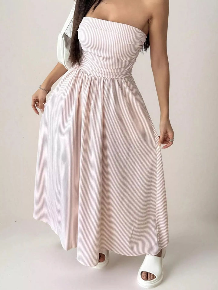 Striped Strapless Maxi Dress Smocked Waist Pockets