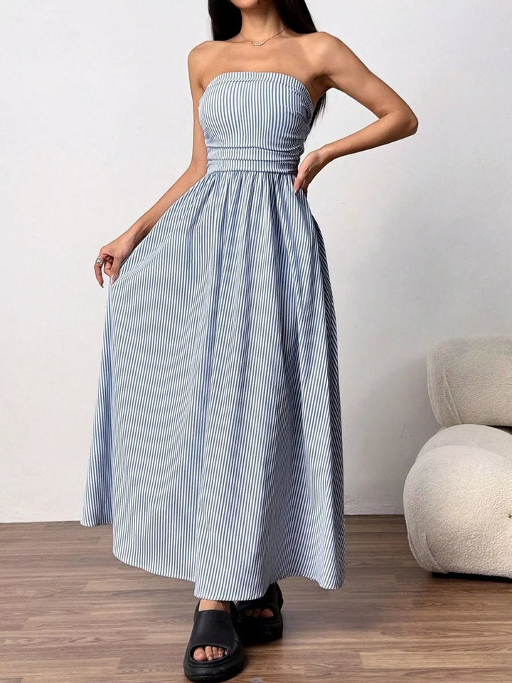 Striped Strapless Maxi Dress Smocked Waist Pockets