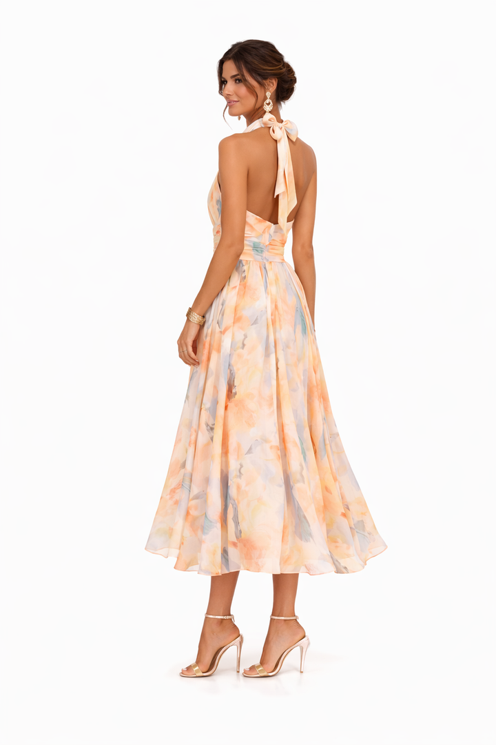 Flowing Halter Neck Dress Lightweight Chiffon