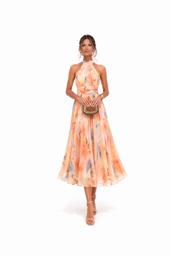 Flowing Halter Neck Dress Lightweight Chiffon