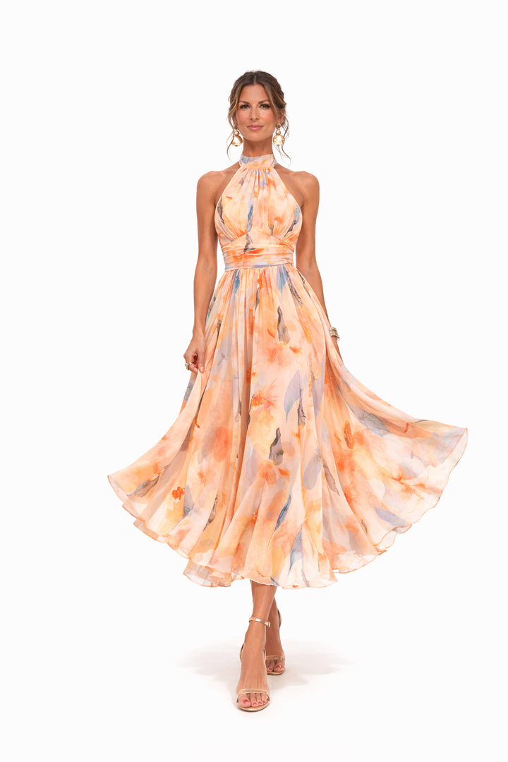 Flowing Halter Neck Dress Lightweight Chiffon