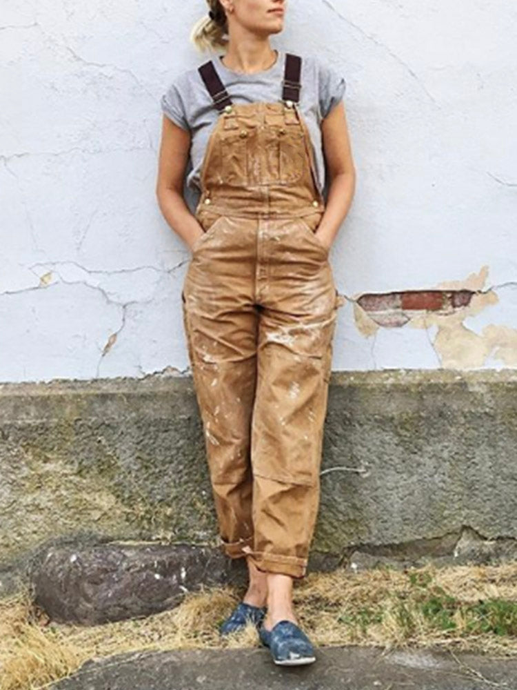 Relaxed Fit Cotton Overalls Utility Style Brown