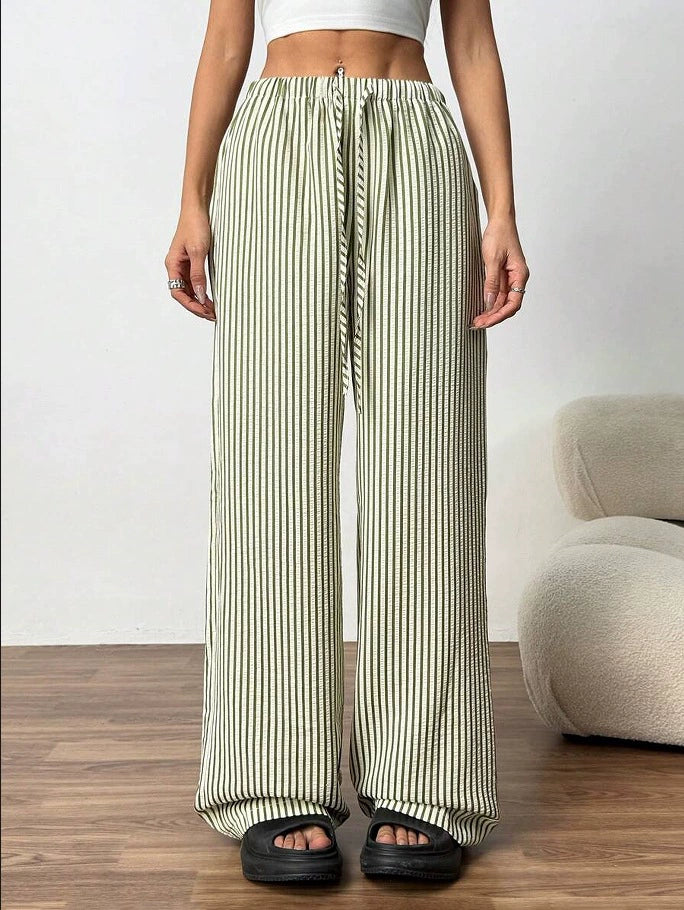 Striped Wide Leg Pants Women Drawstring Waist