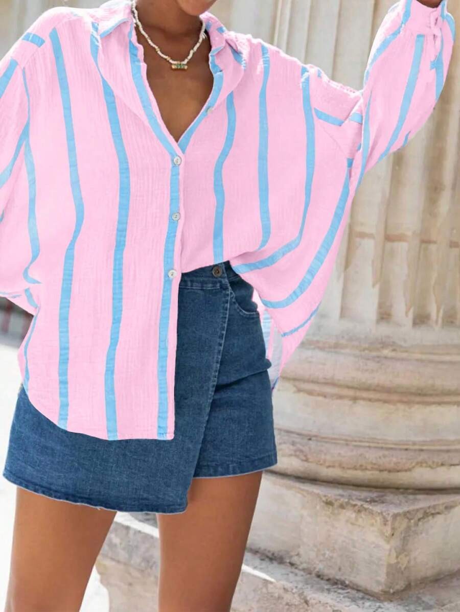 VINCLAIRE™ - Cozy Striped Long Sleeve Button Down Blouse