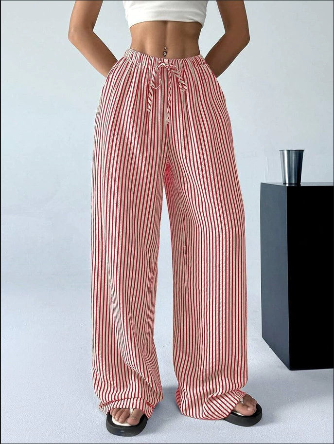 Striped Wide Leg Pants Women Drawstring Waist