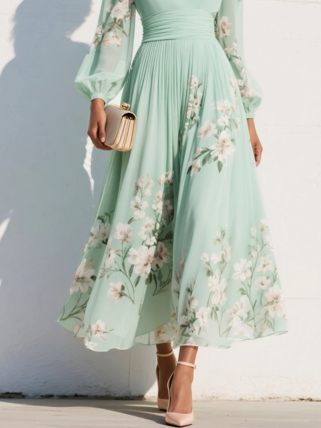 Mint Green Chiffon Midi Dress Floral Flowing Silhouette