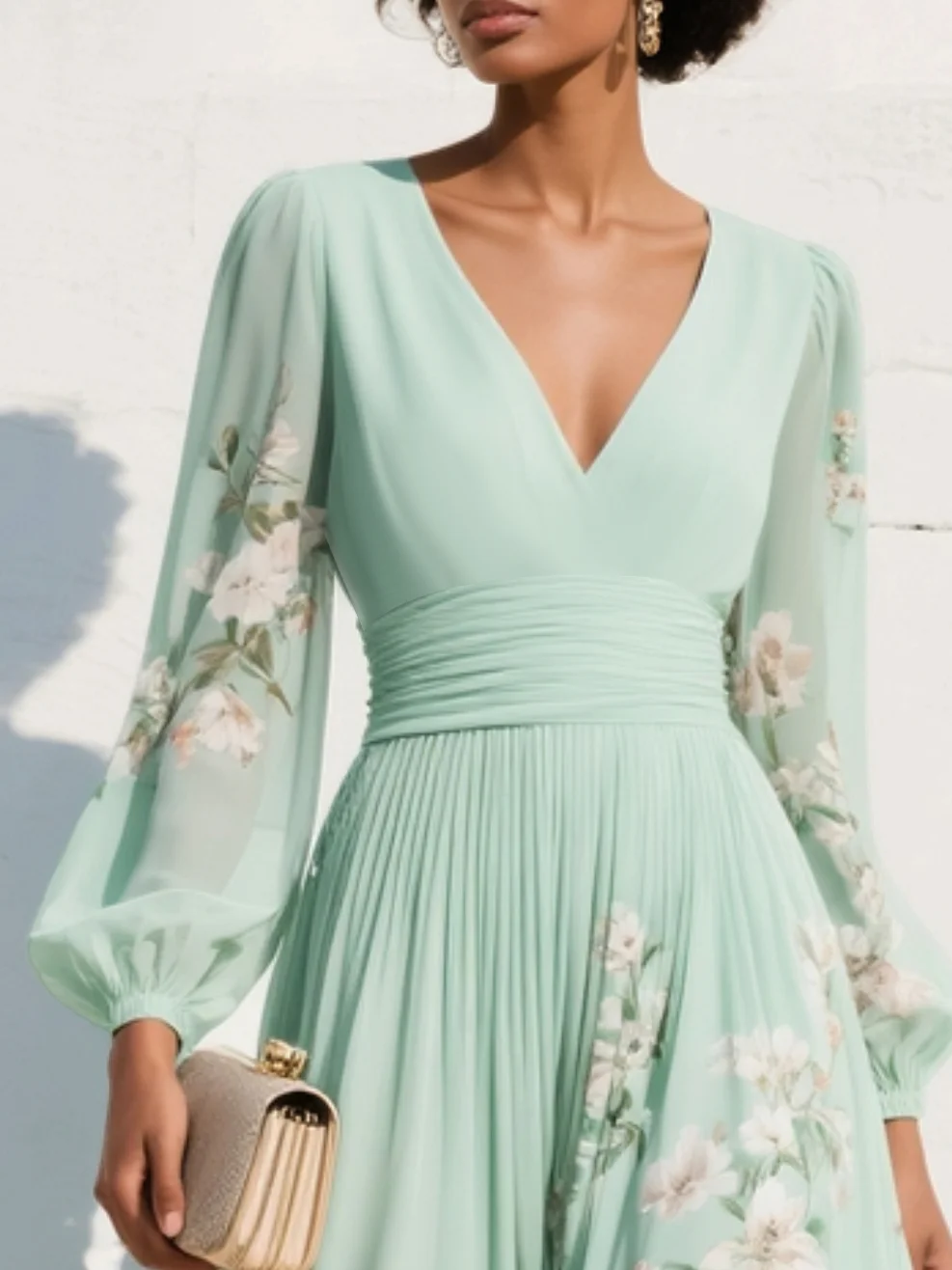 Mint Green Chiffon Midi Dress Floral Flowing Silhouette