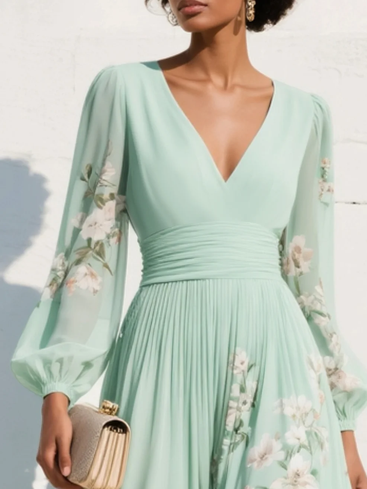 Mint Green Chiffon Midi Dress Floral Flowing Silhouette