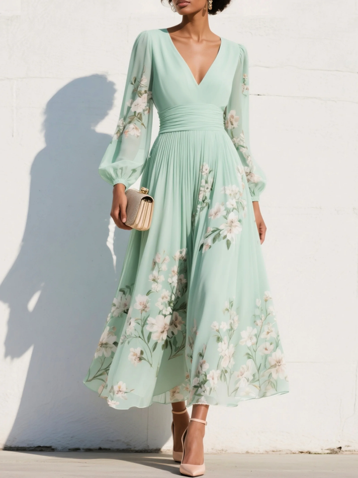 Mint Green Chiffon Midi Dress Floral Flowing Silhouette