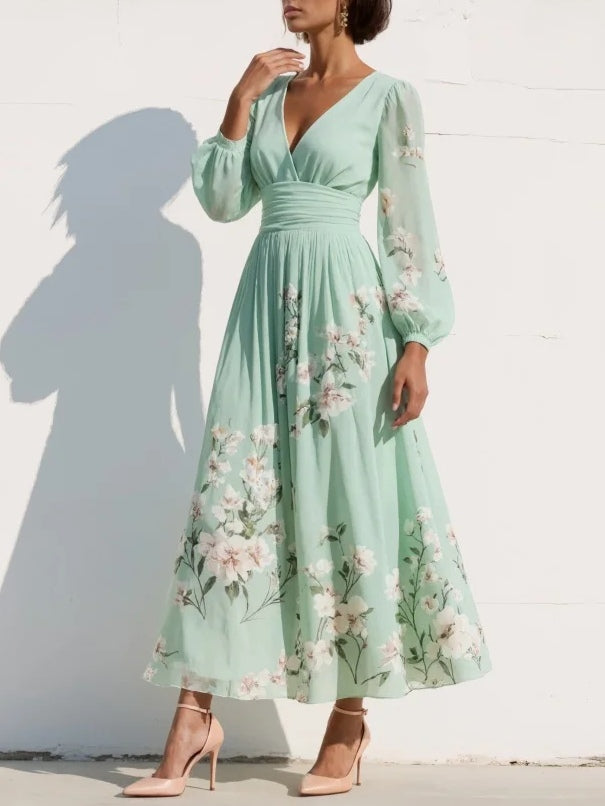 Mint Green Chiffon Midi Dress Floral Flowing Silhouette