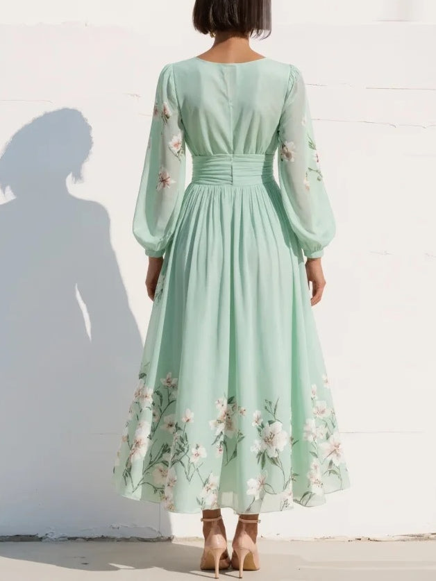 Mint Green Chiffon Midi Dress Floral Flowing Silhouette