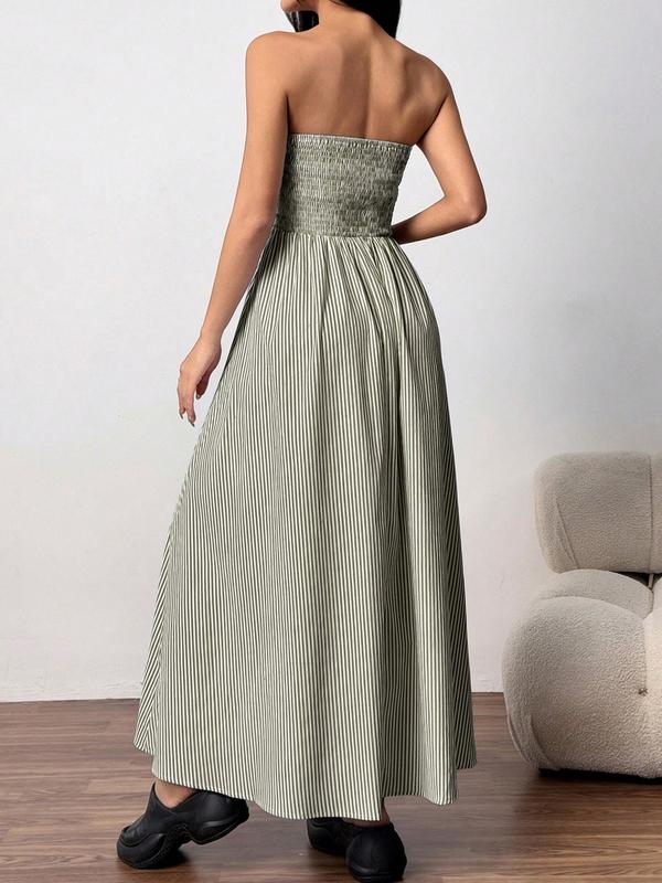 Striped Strapless Maxi Dress Smocked Waist Pockets