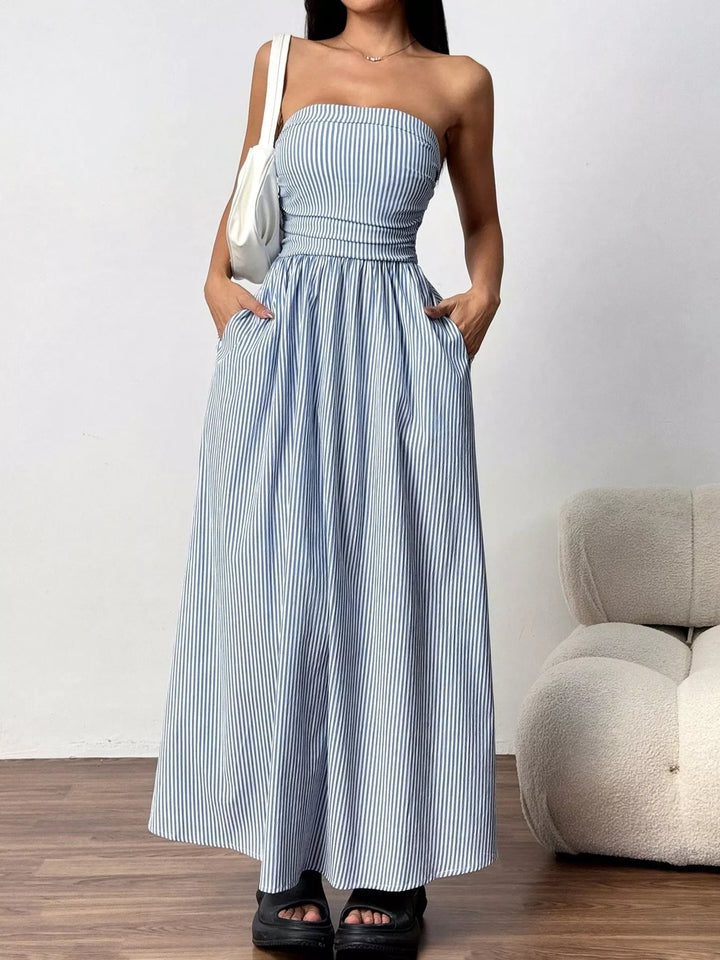 Striped Strapless Maxi Dress Smocked Waist Pockets