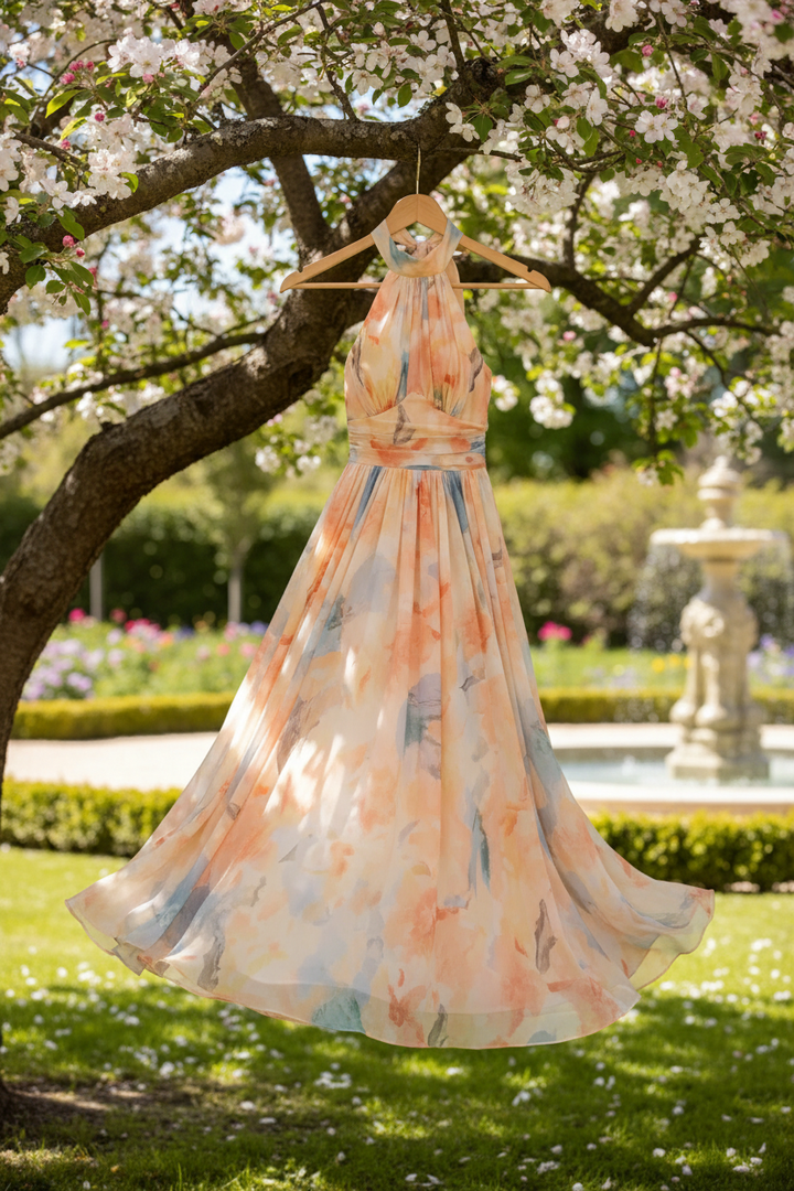 Flowing Halter Neck Dress Lightweight Chiffon