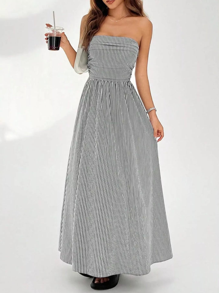 Striped Strapless Maxi Dress Smocked Waist Pockets