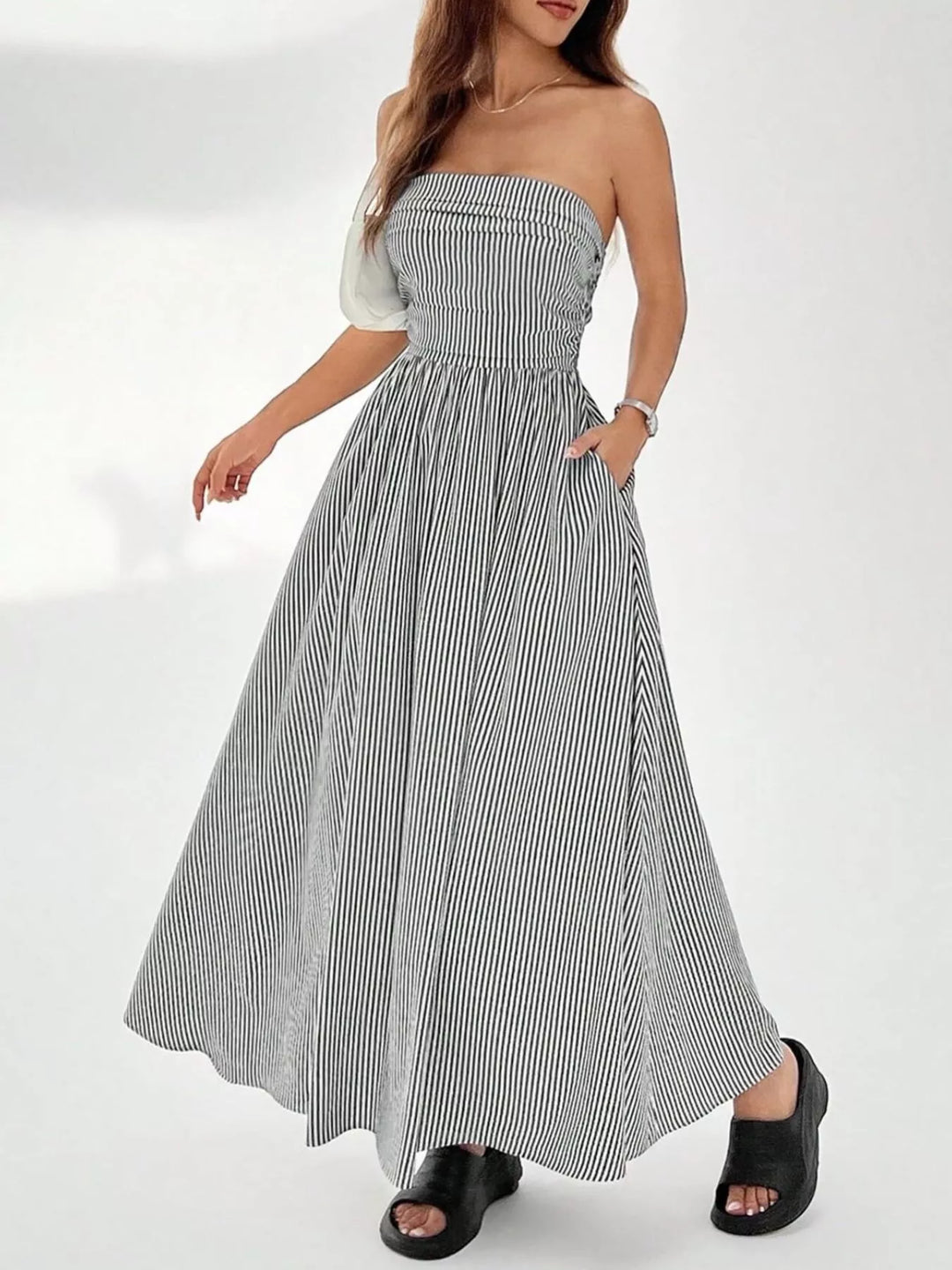 Striped Strapless Maxi Dress Smocked Waist Pockets