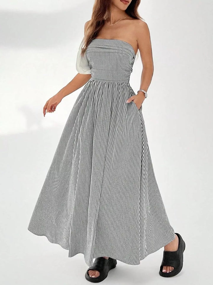 Striped Strapless Maxi Dress Smocked Waist Pockets