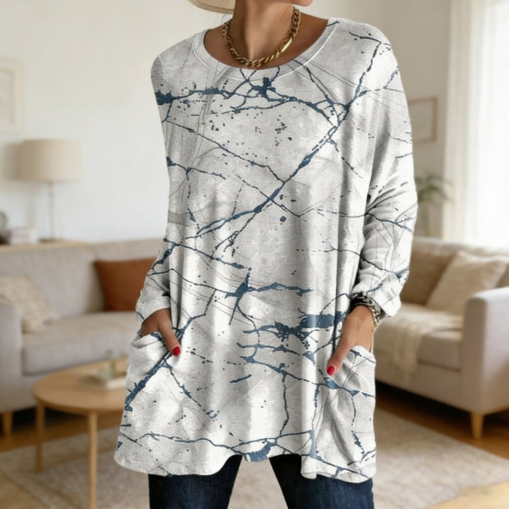 Soft Cotton Loose Fit Marble Print Long Sleeve Tunic Top