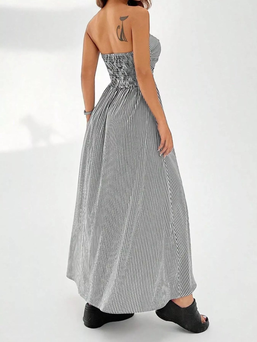 Striped Strapless Maxi Dress Smocked Waist Pockets