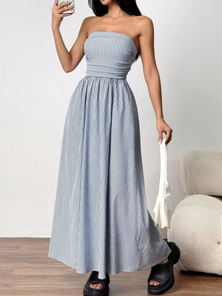 Striped Strapless Maxi Dress Smocked Waist Pockets