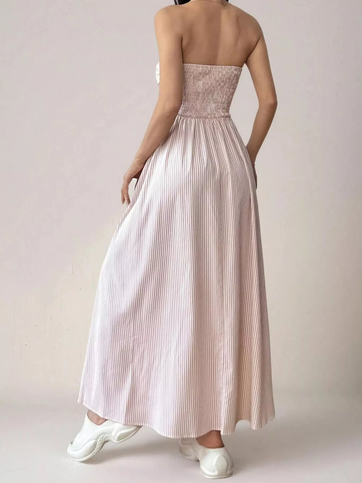 Striped Strapless Maxi Dress Smocked Waist Pockets