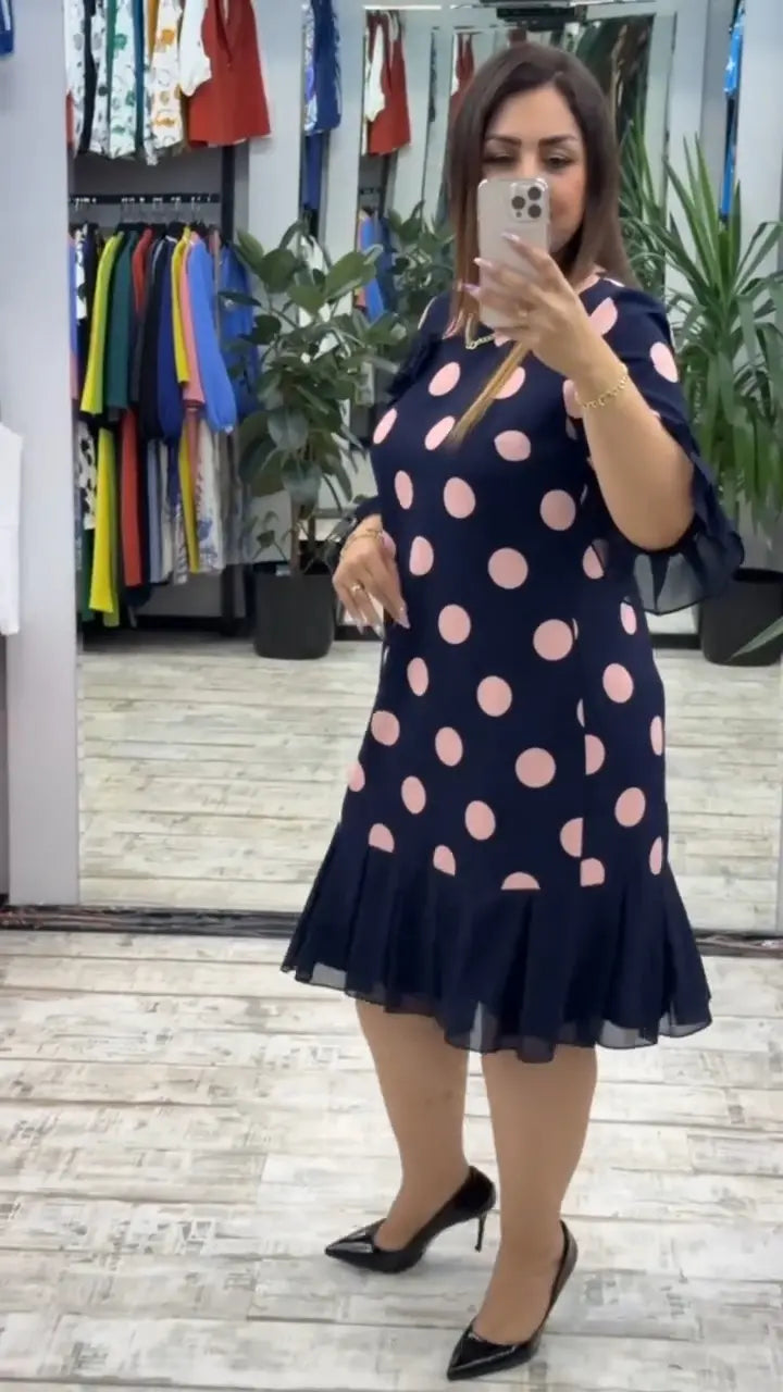 Soft Polka Dot Dress Flared Ruffle Hem Navy Pink