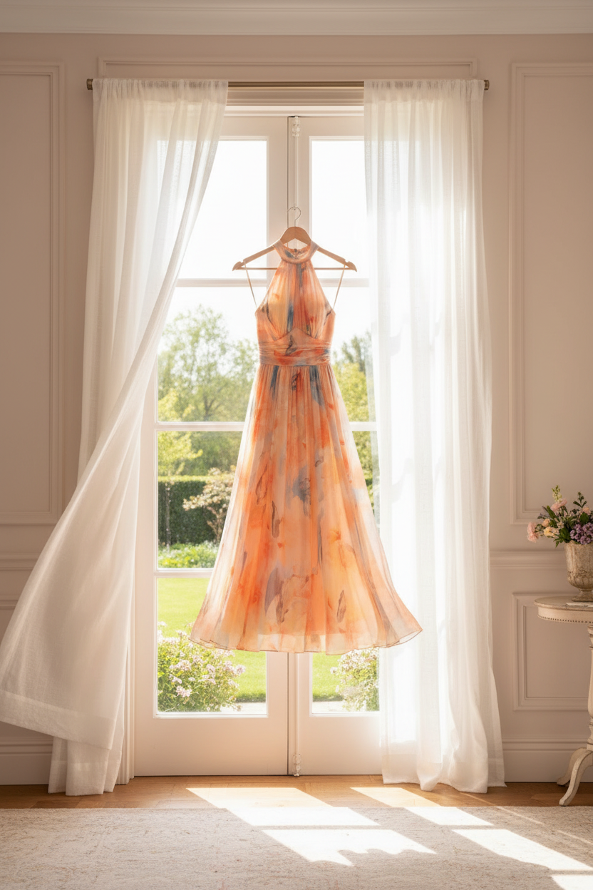 Flowing Halter Neck Dress Lightweight Chiffon