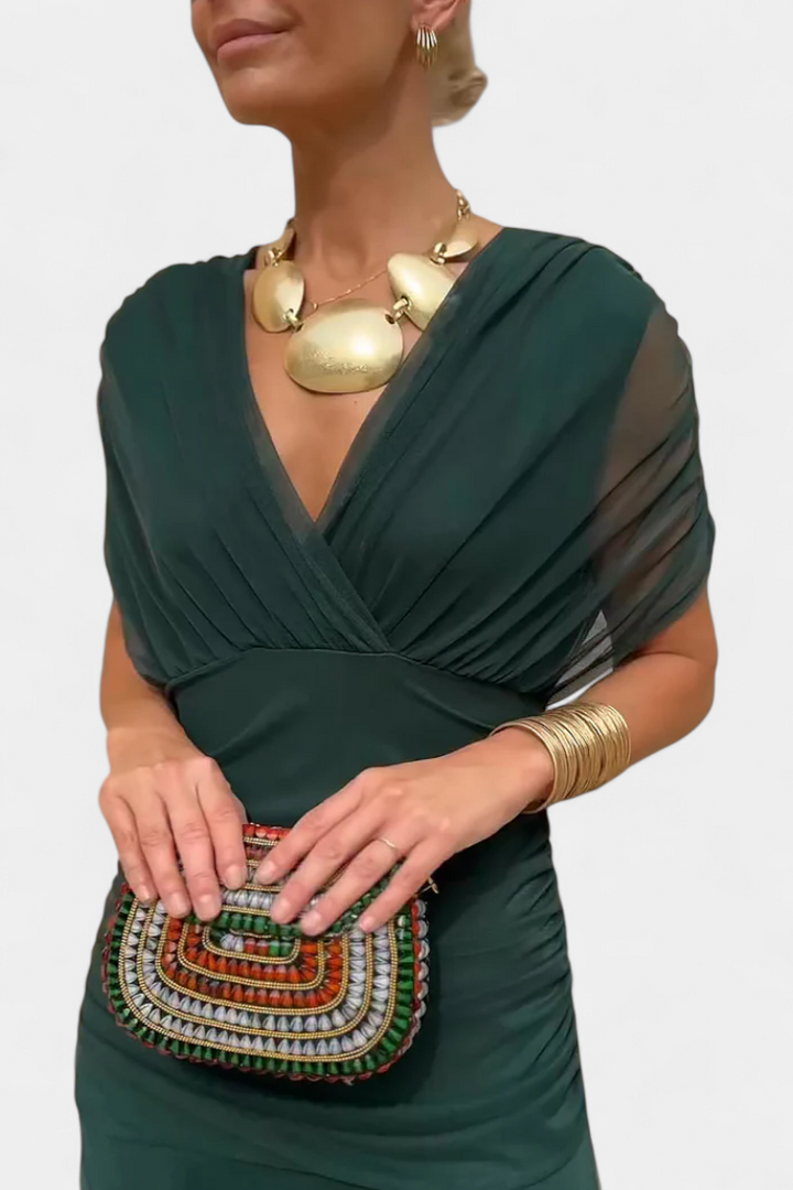 Elegant V Neck Sheer Sleeve Dress